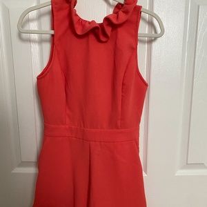 Coral High-Neck Romper with Ruffle Neckline